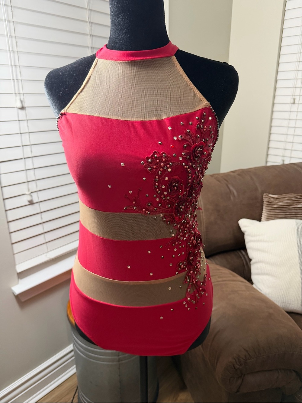 Couture Costume Red Embellished w/ mesh leotard. Solo jazz lyrical contemporary